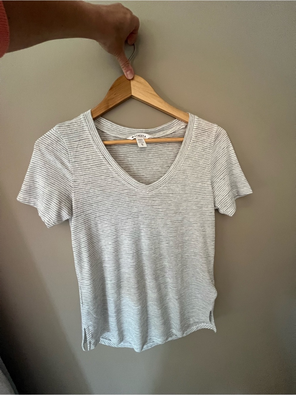 Athleta Women's Light Gray & White Striped V-Neck Tee